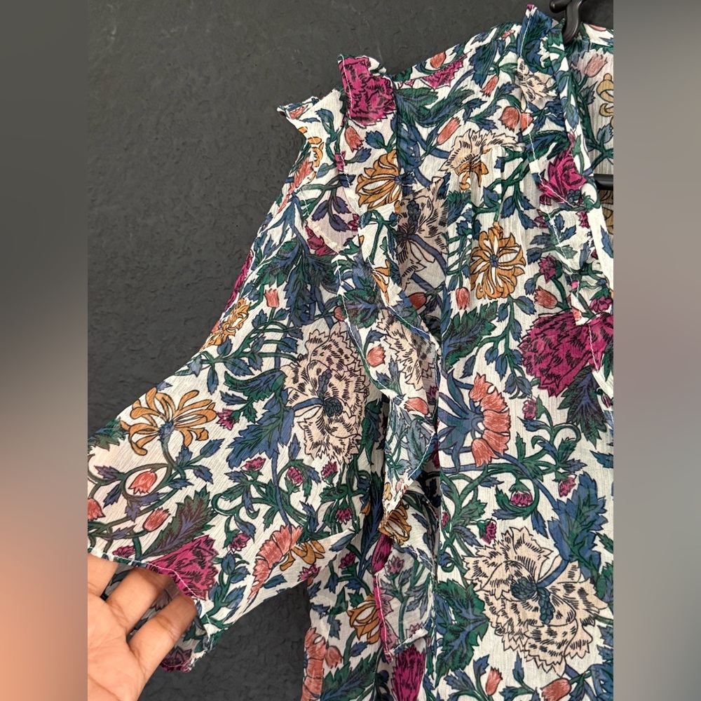 Veronica Beard Gwendoline Floral Silk Top Blouse Shirt Ruffles Button-6 - Picture 4 of 13